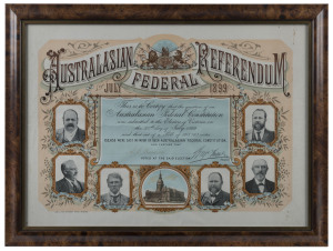 1899 Australasian Federal Referendum colour lithograph certificate, inscribed to "A.E. Farmer", illustrated with captioned portraits of the six State Premiers and Parliament House; framed & glazed, overall 48x63cm.