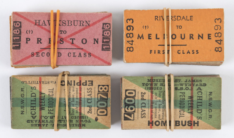 RAILWAY TICKETS - VICTORIA & NSW: 1940s-50s Edmondson railway tickets with Victoria (25) including Workman's Tickets, Break ticket, Day Returns, First & Second Class, Child tickets; NSW (18) including School Pupil, Child's Weekly Periodical, Free School