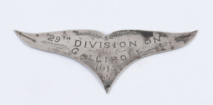 WORLD WAR ONE - GALLIPOLI: winged plaque in sterling silver, engraved '29th Division On Gallipoli 1915', silversmith's stamp 'R.SEYMOUR', weight 11grams. [The British "Incomparable Division" suffered 34,000 casualties at Gallipoli, with division members 
