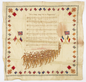 WORLD WAR ONE: It's a long, long way to Tipperary" souvenir silk scarf, printed by A Feldman & Co (London, 1918), 48 x 48cm.