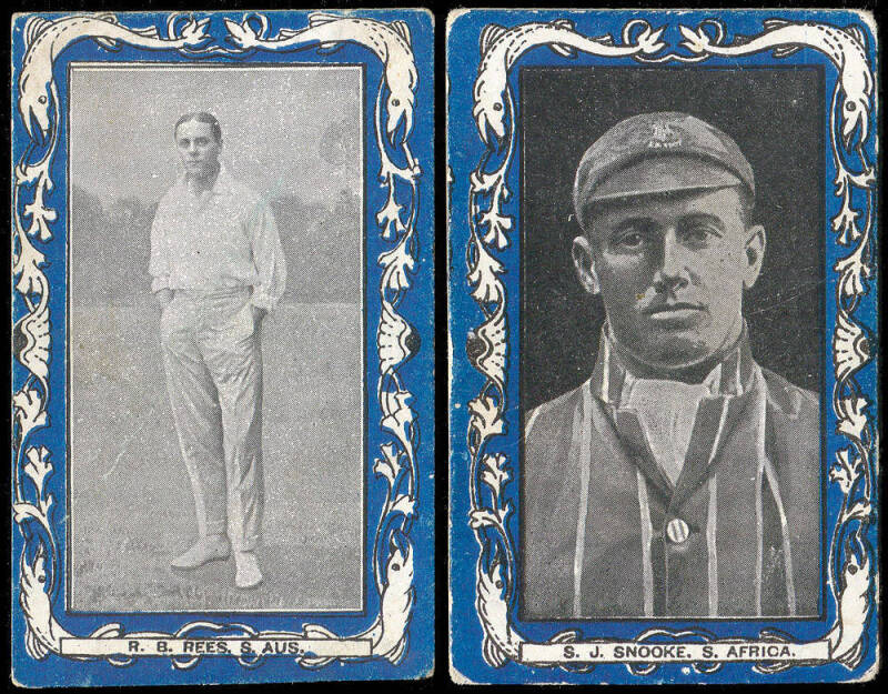 1910 Wills (Australia) "Australian & South African Cricketers" (Blue borders, with "Capstan" on reverse) [29/35]. One with dark background, others light. Poor/VG.