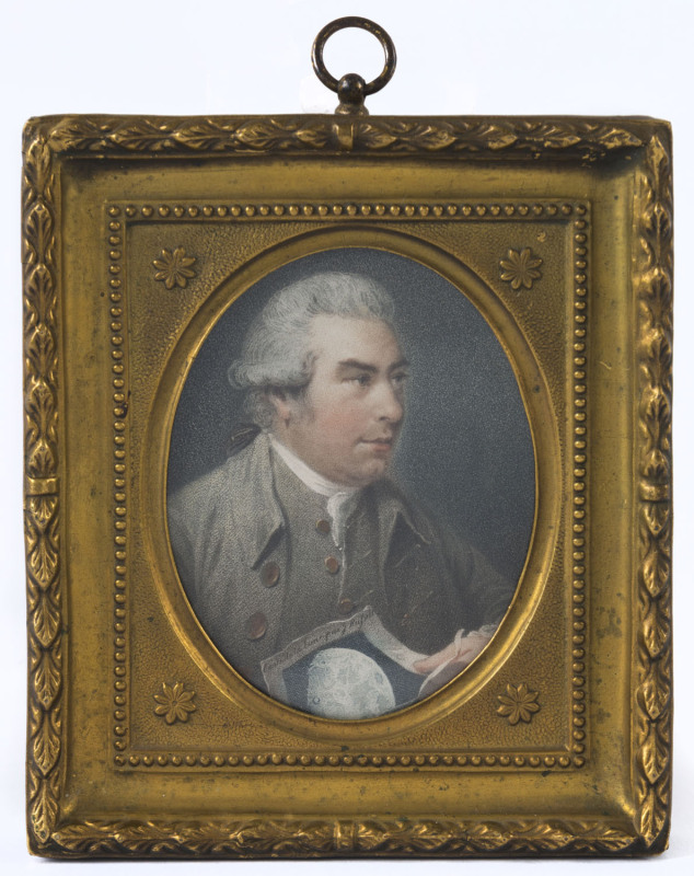 SIR JOSEPH BANKS - PRESIDENT OF THE ROYAL SOCIETY: oval stipple engraving by Joseph Collyer (1748-1827), painted by John Russell RA (1745-1806), early 19th century, original frame, overall 13.5 x 12cm.