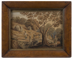 ANGLO-CHINESE COLONIAL SCHOOL, c.1844. Chinese figures by a bridge and Banyan tree within a hilly and rocky landscape, watercolour (in sepia tone) on paper, pen inscription verso "Sketch of part of the grounds of the White Stag, a large Joss House in Amoy