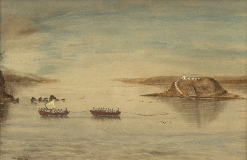 CHARLES E. ASTLEY (Australia, 1869 - 1929) Convicts rowing on Sydney Harbour (titled verso in a later hand) watercolour on board, signed and dated "Chas. Astley, 1897" lower left,