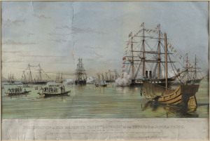 "Presentation of Her Majesty's Yacht "Emperor" to the Emperor of Japan at Yeddo, on the 26th of August 1858..." chromolithograph; from a sketch by F. Le B. Bedwell - T.G. Dutton, Chromolithograph. Visible image: 38 x 56cm. Framed and glazed; extensively r