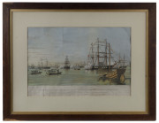 "Presentation of Her Majesty's Yacht "Emperor" to the Emperor of Japan at Yeddo, on the 26th of August 1858..." chromolithograph; from a sketch by F. Le B. Bedwell - T.G. Dutton, Chromolithograph. Visible image: 38 x 56cm. Framed and glazed; extensively r - 2