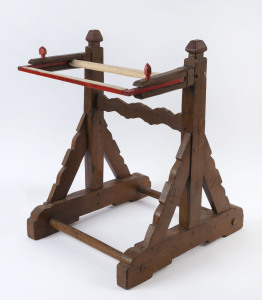 A rare embroidery worker's stand, peg joint construction with original milk paint finish, most likely kauri pine and eucalypt, Barossa Valley, South Australian origin, circa 1860, 67cm high, 50cm wide, 56cm deep