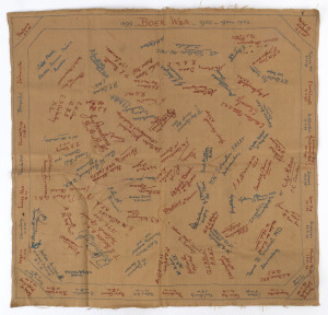 BOER WAR: Tapestry (68 x 68cm) embroidered in red & blue silk, headed "1899 - Boer War - 1900 - 1901 - 1902" with the dates of major conflicts bordering the embroidered signatures of Colonial combatants usually showing their brigade/regiment beneath - nam