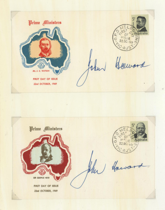 PRIME MINISTERS - JOHN HOWARD: autographs on three Australian 'Prime Ministers' first day covers, neatly presented within display folder. Vendor's annotations on reverse of folder suggest they were signed during the 2001 "Tampa Affair" refugee crisis when