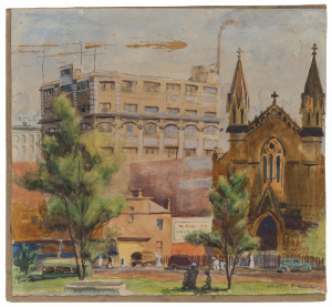 HENRY H. HILL (20th century), city scape, watercolour laid down on card, ​34 x 38cm