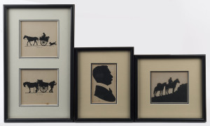 A. W. McCARTHY Three fine silhouette images featuring horses (2 titled and framed together, "Market Day" & "Coal Rations") and another, being a portrait of McCarthy by his daughter. (4 items in 3 frames), the largest 36 x 21cm (overall), c1916.