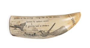 A scrimshaw whale's tooth with whaling scene, the reverse with American eagle, ​17.5cm high