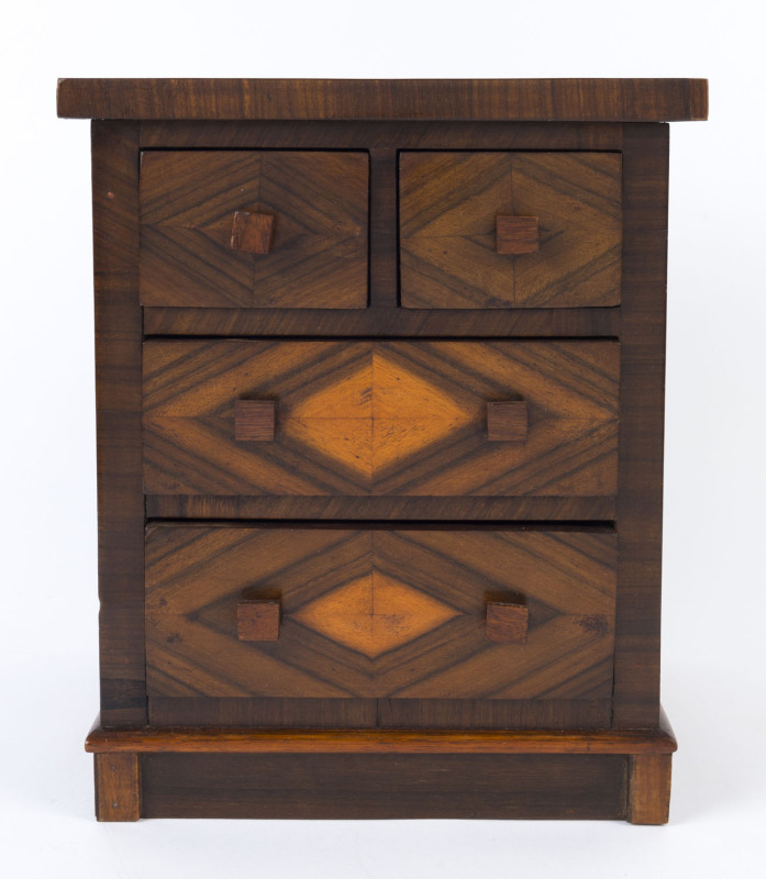 An Australian Art Deco apprentice chest, walnut veneer with cedar handles and red pine secondary timbers, circa 1930s, ​31cm high, 26cm wide, 23cm deep