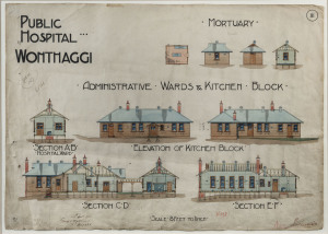 "PUBLIC HOSPITAL WONTHAGGI" original architectural rendering and sectional views in ink and watercolour for the successful tender by G.S. Matthews (for £5866) showing elevated views of the "Mortuary, Administrative Wards & Kitchen Block" scale 8 feet to 1