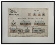 "PUBLIC HOSPITAL WONTHAGGI" original architectural rendering and sectional views in ink and watercolour for the successful tender by G.S. Matthews (for £5866) showing elevated views of the "Mortuary, Administrative Wards & Kitchen Block" scale 8 feet to 1 - 2