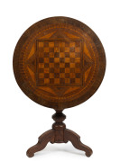 A rare Colonial games top table inlaid with Australian and exotic timbers, Barossa Valley origin, South Australia, 19th century, 74cm high, 73cm diameter