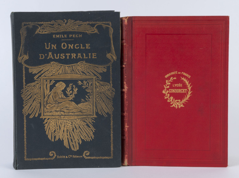 [FRENCH CHILDREN'S BOOK] Emile PECH Un oncle d'Australie [Paris : Jouvet & Cie, c1895] Quarto, gilt decorated green cloth, spine with gilt decoration, 286pp, illustrated with 73 gravures in the text. also, another example in quarter red calf over red peb