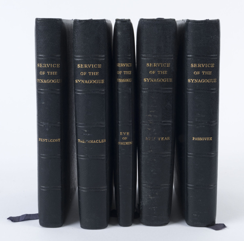 [JUDAICA]. "Service of the Synagogue : A New Edition of the Festival Prayers with an English Translation in Prose and Verse" [London, George Routledge & Sons, (n.d. 1927) ], 5 volumes, padded leather bindings, gilt edges and titles. Each volume endorsed