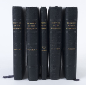 [JUDAICA]. "Service of the Synagogue : A New Edition of the Festival Prayers with an English Translation in Prose and Verse" [London, George Routledge & Sons, (n.d. 1927) ], 5 volumes, padded leather bindings, gilt edges and titles. Each volume endorsed 