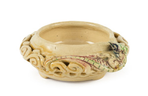 MARGUERITE MAHOOD reticulated pottery dragon bowl, incised "Marguerite Mahood, T2439", 12cm across