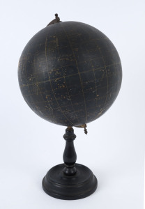 GEOGRAPHIA 8 inch Celestial Globe with semi-meridian in brass, on an ebonized wooden base, early 20th century, 37cm high including stand.