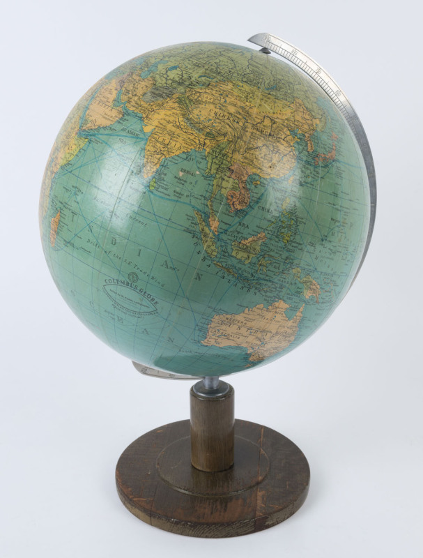 COLUMBUS VERLAG PAUL OESTERGAARD K.G. (Berlin & Stuttgart) 14 inch "Columbus" globe, W. Kaden editing cartographer, 22cm diameter wooden base, circa 1950s, 49cm tall including stand.