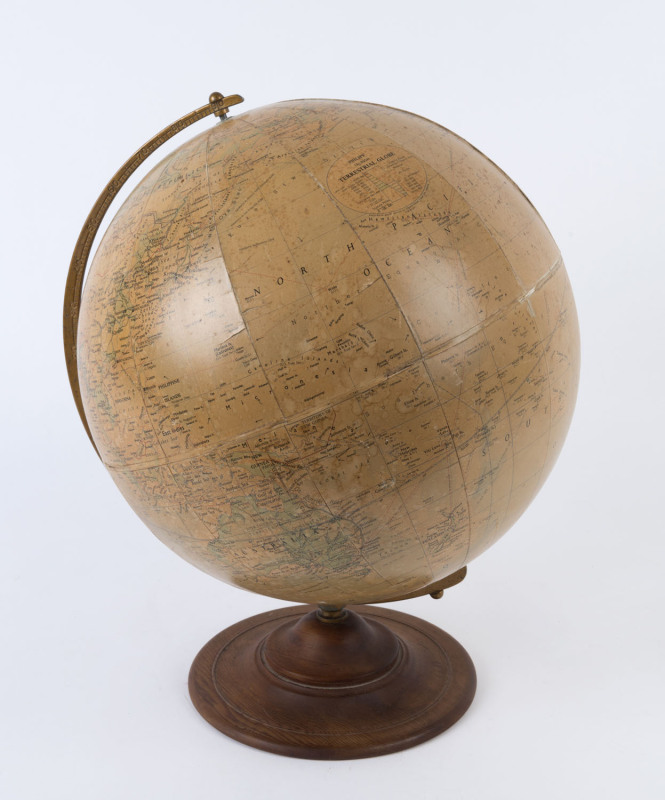 PHILIPS' 13½ inch Terrestrial Globe on 22cm diameter wooden base, circa late-1920s, 44cm high including stand.