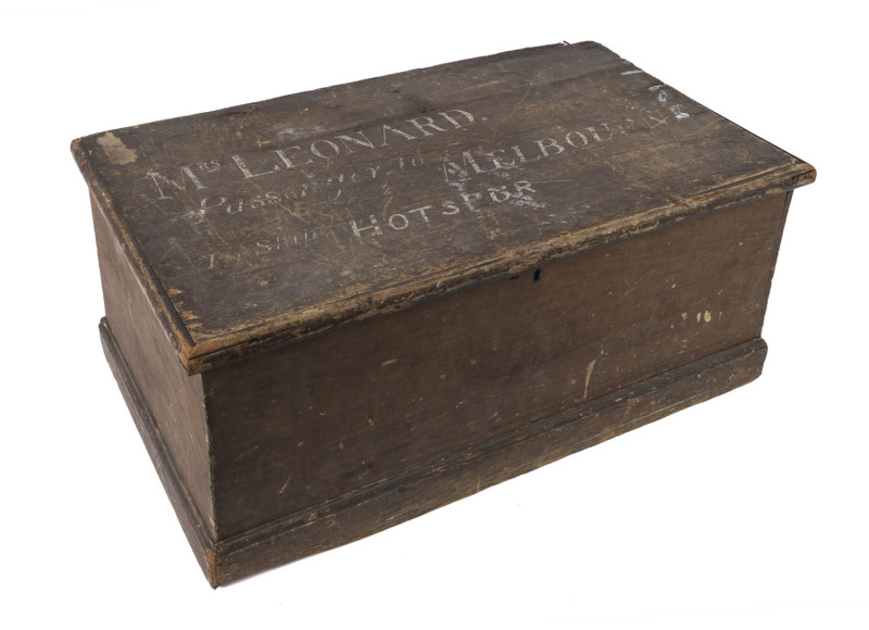 A Colonial blanket box, pine with original simulated grain finish, South Australian origin, 19th century, addressed on the lid "Mrs. Leonard, Passenger To Melbourne, For Ship Hotspur", 30cm high, 68cm wide, 40cm deep