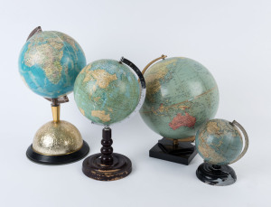 GROUP OF GLOBES with Philips' 10 inch on stepped plastic stand; Konomura (Osaka, Japan) 8 inch on wooden stand, Tokyo Kyozai Co (Japan) 5 inch on painted wooden stand, Atlas 8 inch on stylized "cratered moon" plastic stand. (4 items)