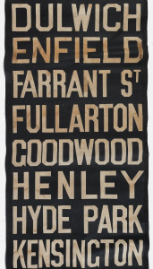 ADELAIDE BUS DESTINATION ROLL: circa 1960s, destinations including Hackney, Kilkenny, Toorak, Col. Light Gardens, Show G'ds and Paradise; 49.5cm wide, 980cm long. Route number signage replaced destination rolls in 1970.