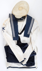  Australian Navy uniform with white tunic, trousers, blue bib and hat name "H.M.A.S. LONSDALE", mid 20th century,