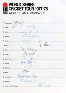 WORLD SERIES CRICKET TOUR 1977-78: World team autographs on official team sheet with 15 signatures, including Tony Greig (captain), Zaheer Abbas, Imran Khan, Mike Procter & Barry Richards. Superb condition.