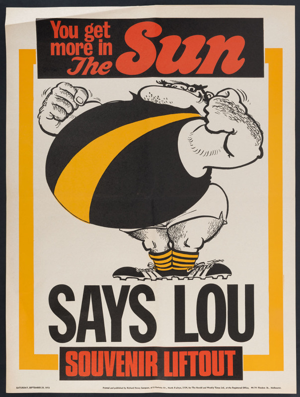 Saturday (morning) September 29, 1973 "The SUN" poster with RICHMOND predicted to be triumphant, "SAYS LOU".  Artwork by Jeff Hook. Scarce. Very good condition.