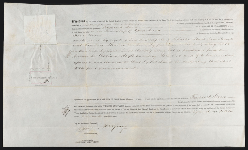 AN 1855 TASMANIAN LAND GRANT BY PURCHASE October 1855 land grant to FREDERICK GREEN of a 4 acre Township allotment in York Town, Van Diemen's Land, signed and sealed by the Governor, SIR HENRY EDWARD FOX YOUNG. (The price of £16/10/- is detailed in manusc