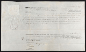 AN 1855 TASMANIAN LAND GRANT BY PURCHASE October 1855 land grant to FREDERICK GREEN of a 4 acre Township allotment in York Town, Van Diemen's Land, signed and sealed by the Governor, SIR HENRY EDWARD FOX YOUNG. (The price of £16/10/- is detailed in manusc