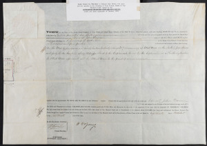 AN 1855 TASMANIAN LAND GRANT BY PURCHASE October 1855 land grant to EDWARD JOHN DAWES of a Township allotment in York Town, Van Diemen's Land, signed and sealed by the Governor, SIR HENRY EDWARD FOX YOUNG. (The price of £16/10/- is detailed in manuscript 