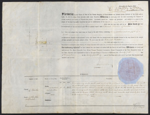 AN 1870 VICTORIAN LAND GRANT BY PURCHASE December 1870 land grant to EDWARD FLETCHER of an allotment in LYGON STREET, CARLTON, signed and sealed by the Governor, Viscount CANTERBURY (John Henry Thomas Manners-Sutton). (The price of £106 is detailed in man