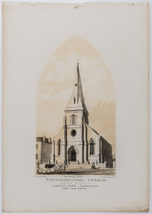 James B. PHILIP (1830 - 1865) CONGREGATIONAL CHURCH. DAVEY STREET, HOBART TOWN - TASMANIA. sepia lithograph printed by James Fergusson, Melbourne, c 1854, sheet size 55 x 38cm.
