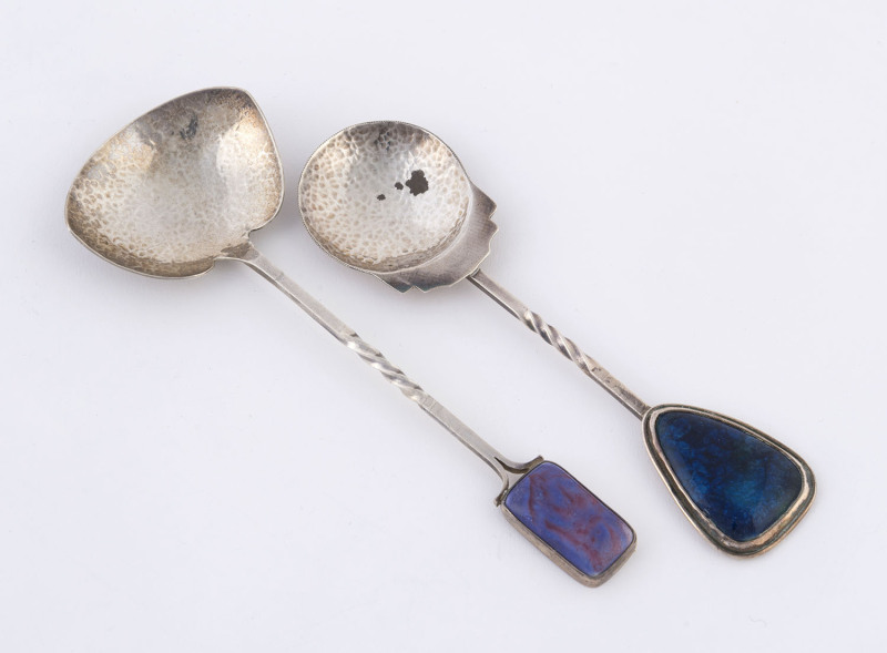 SARGISON'S two Australian silver condiment spoons with enamel decoration, Tasmanian origin, 20th century, one stamped "Silver, Hobart", 15cm and 14cm long, 56 grams