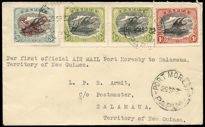 PAPUA - Aerophilately & Flight Covers: 30 Sept.1932 (AAMC.P47) Port Moresby - Salamaua cover, flown by Denny & Drayton for Guinea Airways - the first flight of a contract arrangement with the Papuan Government for mails to connect with steamships to Aust