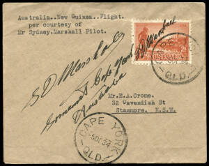 AUSTRALIA: Aerophilately & Flight Covers: 1 Oct.1934 (AAMC.422a) Sydney - Cape York cover, flown, endorsed and signed by the pilot, Sidney Marshall, in his Westland Widgeon III. This was the first leg of the return flight from Australia to Lae via Port M