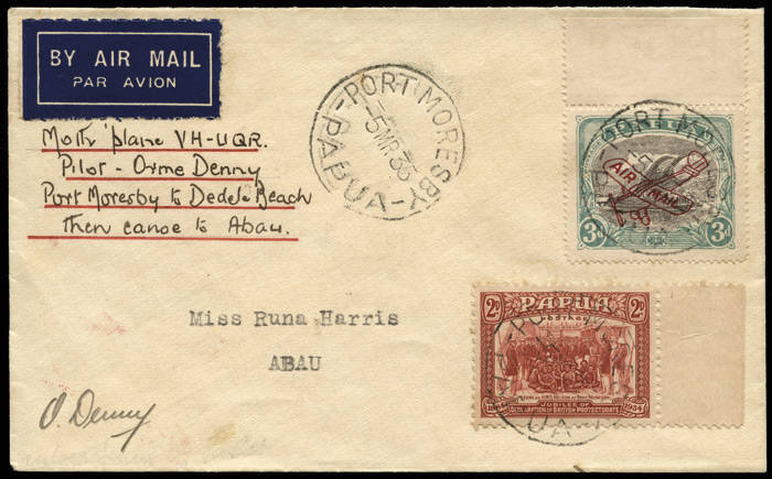 PAPUA - Aerophilately & Flight Covers: 19 Dec.1934 (AAMC.P76) Port Moresby - Abau cover, flown & signed by Orme Denny for Guinea Airways. Denny landed his Fox Moth on the beach at Dedele Point; the small mail was then transferred to canoe and carried via