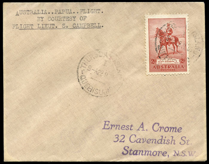 AUSTRALIA: Aerophilately & Flight Covers: 11-19 July 1935 (AAMC.519) Sydney - Thursday Island cover, flown by Stuart Campbell in a Short Scion S16 Seaplane which was being delivered to the Oroville Dredging Co. in Papua [6 flown]. [NB: The AAMC entry app