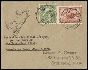 NEW GUINEA - Aerophilately & Flight Covers: 8 Aug.1935 (AAMC.P83a) Sydney - Wau cover, flown & signed by Parer & Hemsworth in a Fairey Fox; posted back to Australia on October 14th, having been overlooked. The route was Brisbane to Cape York, a forced la