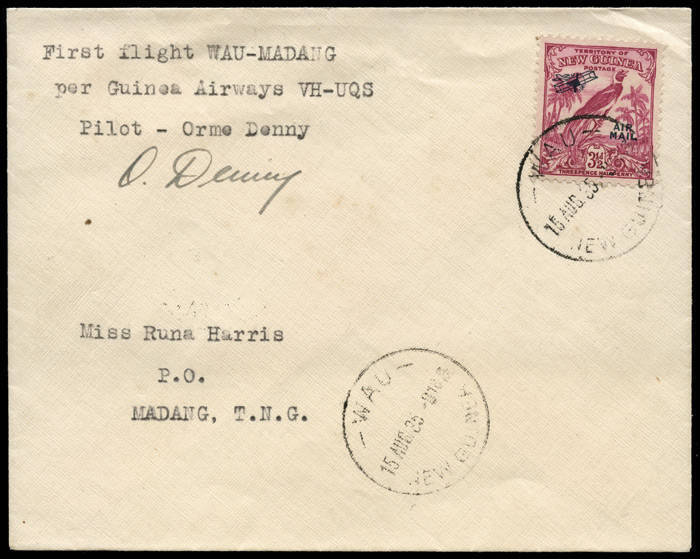 NEW GUINEA - Aerophilately & Flight Covers: 15 Aug.1935 (AAMC.P84) Wau - Madang covers, (2), flown by Orme Denny for Guinea Airways; one signed by the pilot. The first aerodrome at Madang had only been cleared in mid-1935. [70 flown]. Ex Ray Kelly. Cat.$