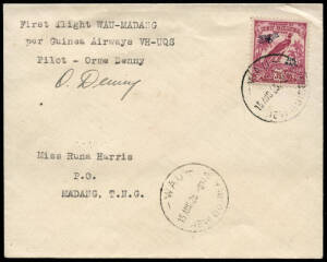 NEW GUINEA - Aerophilately & Flight Covers: 15 Aug.1935 (AAMC.P84) Wau - Madang covers, (2), flown by Orme Denny for Guinea Airways; one signed by the pilot. The first aerodrome at Madang had only been cleared in mid-1935. [70 flown]. Ex Ray Kelly. Cat.$