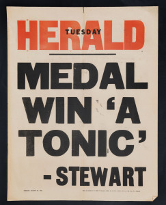 IAN STEWART & ROSS SMITH - ST KILDA: 1968 Newspaper Billboard Posters (2) relating to the 1966 and 1967 Brownlow Medal Winners from St Kilda comprising 1966 (Aug. 30) Herald "Medal Win 'A Tonic' - Stewart" and 1967 (Aug.29) The Sun "Ross Smith: How He Won It" .