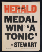 IAN STEWART & ROSS SMITH - ST KILDA: 1968 Newspaper Billboard Posters (2) relating to the 1966 and 1967 Brownlow Medal Winners from St Kilda comprising 1966 (Aug. 30) Herald "Medal Win 'A Tonic' - Stewart" and 1967 (Aug.29) The Sun "Ross Smith: How He Won