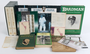 DON BRADMAN - MEMORABILIA SELECTION: with 1983 correspondence with Bradman including signed letter and two signed copy photographs of Bradman at the crease circa 1930, 1938 Player's 'Cricketers" cigarette card complete set (incl. Bradman) in album, 1997 Bradman "Legends" FDC (2) and stamp packs (2); literature with hardbound "The Bradman Albums" in two volumes with slipcase (1987), "Bradman - The Illustrated Biography" by Michael Page (1983),