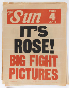 LIONEL ROSE: 1968 Newspaper Billboard Posters pertaining to Rose comprising (Feb.28) The Sun "It's Rose! Big Fight Pictures"; (Feb.28) The Age "How Rose Won Title"; (Feb.28) Herald "I Was Rose's Second - Special"; (Feb.29) Herald "The Champ Home: City Goes Wild - Pictures"; (Mar.4) The Sun "Lionel Rose Tells His Story"; also 1970-71 editions of Boxing News (10) & 1970 (Jan.) issue of "Fighter" magazine; condition variable. (16 items)